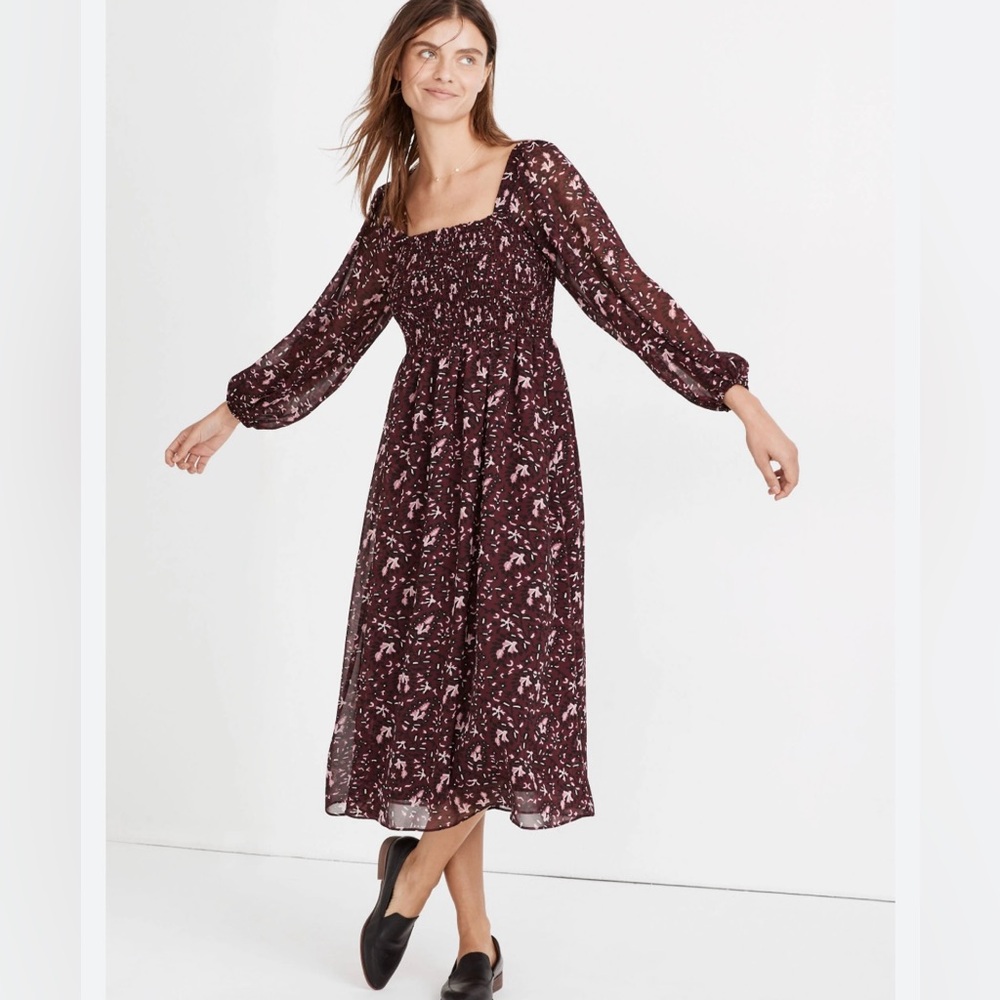 NWT Madewell Smocked Midi Dress, Size XXL Burgundy-Purple, Pink Floral Print